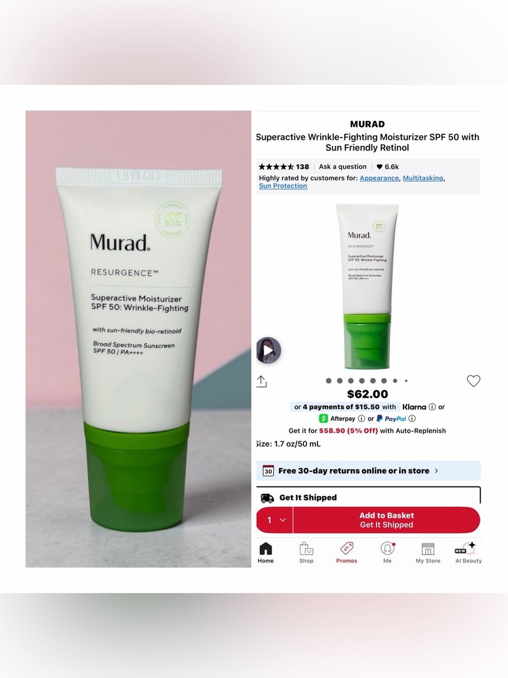 Murad Resurgence Superactive Moisturizer SPF 50 Size 1.7 Fl Oz. NEW